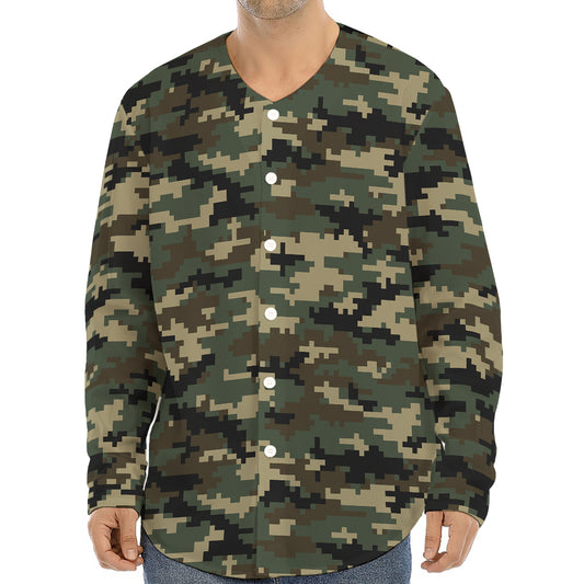 Army Green Digital Camo Pattern Print Long Sleeve Baseball Jersey