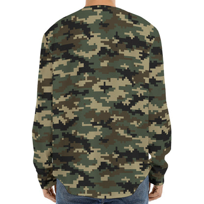 Army Green Digital Camo Pattern Print Long Sleeve Baseball Jersey