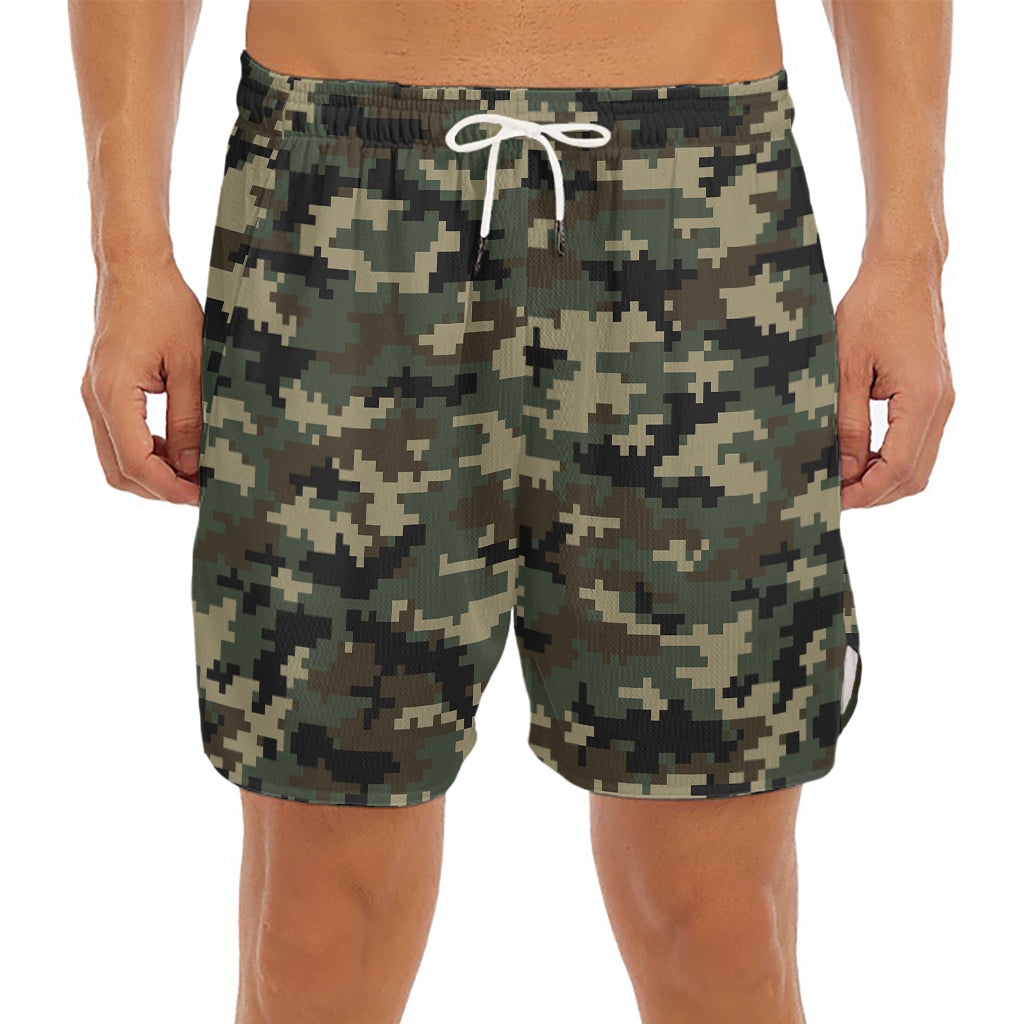 Army Green Digital Camo Pattern Print Men's Split Running Shorts