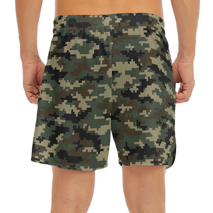 Army Green Digital Camo Pattern Print Men's Split Running Shorts