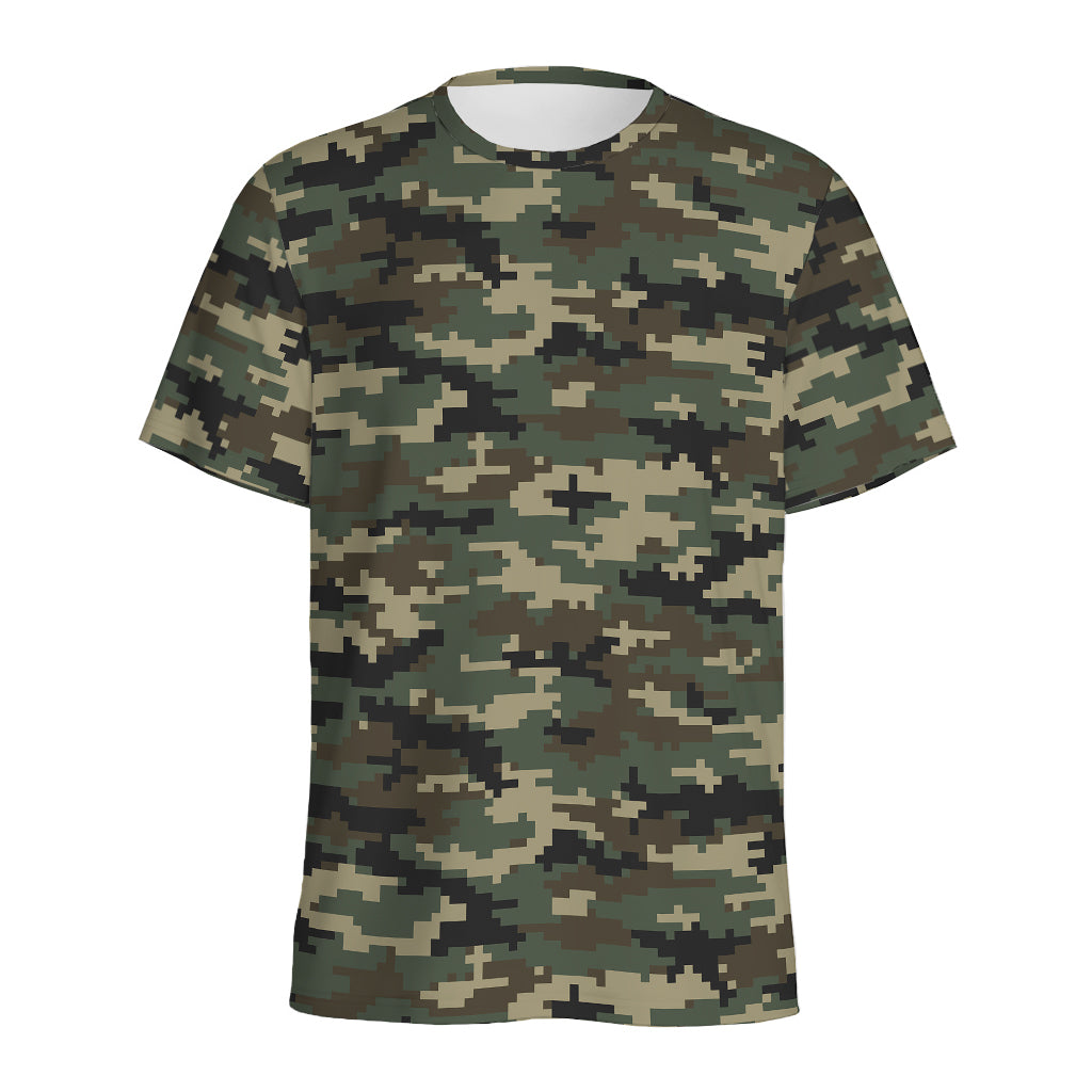 Army Green Digital Camo Pattern Print Men's Sports T-Shirt