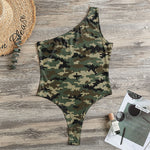Army Green Digital Camo Pattern Print One Shoulder Bodysuit