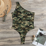 Army Green Digital Camo Pattern Print One Shoulder Bodysuit
