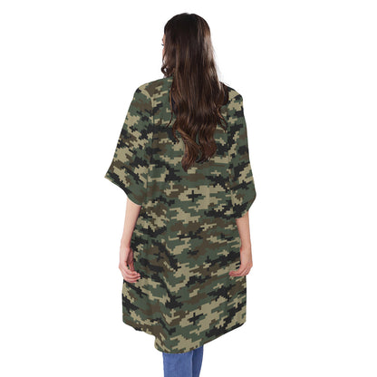 Army Green Digital Camo Pattern Print Open Front Beach Cover Up