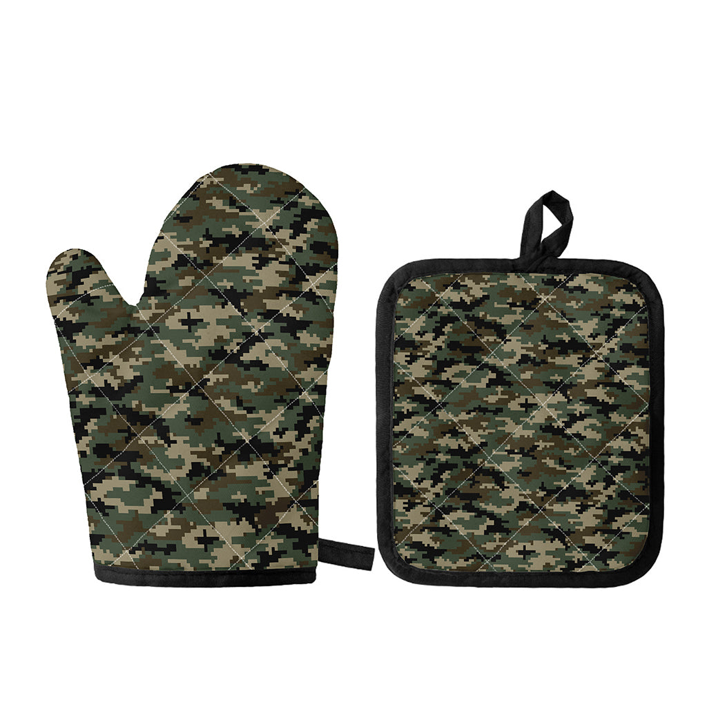 Army Green Digital Camo Pattern Print Oven Mitt And Pot Holder Set