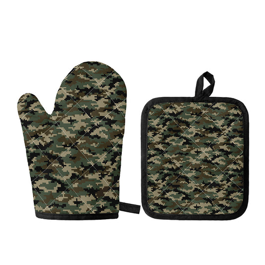 Army Green Digital Camo Pattern Print Oven Mitt And Pot Holder Set