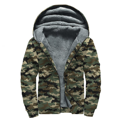 Army Green Digital Camo Pattern Print Sherpa Lined Zip Up Hoodie