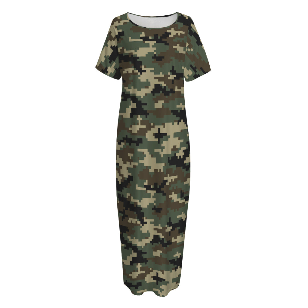 Army Green Digital Camo Pattern Print Short Sleeve Long Nightdress