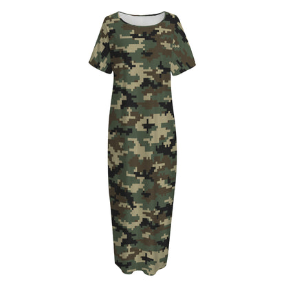 Army Green Digital Camo Pattern Print Short Sleeve Long Nightdress
