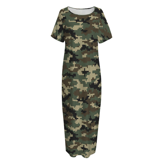 Army Green Digital Camo Pattern Print Short Sleeve Long Nightdress
