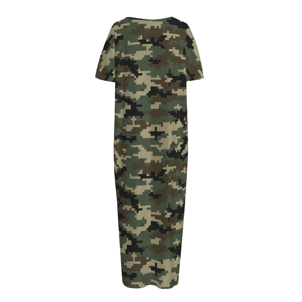 Army Green Digital Camo Pattern Print Short Sleeve Long Nightdress