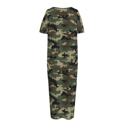 Army Green Digital Camo Pattern Print Short Sleeve Long Nightdress