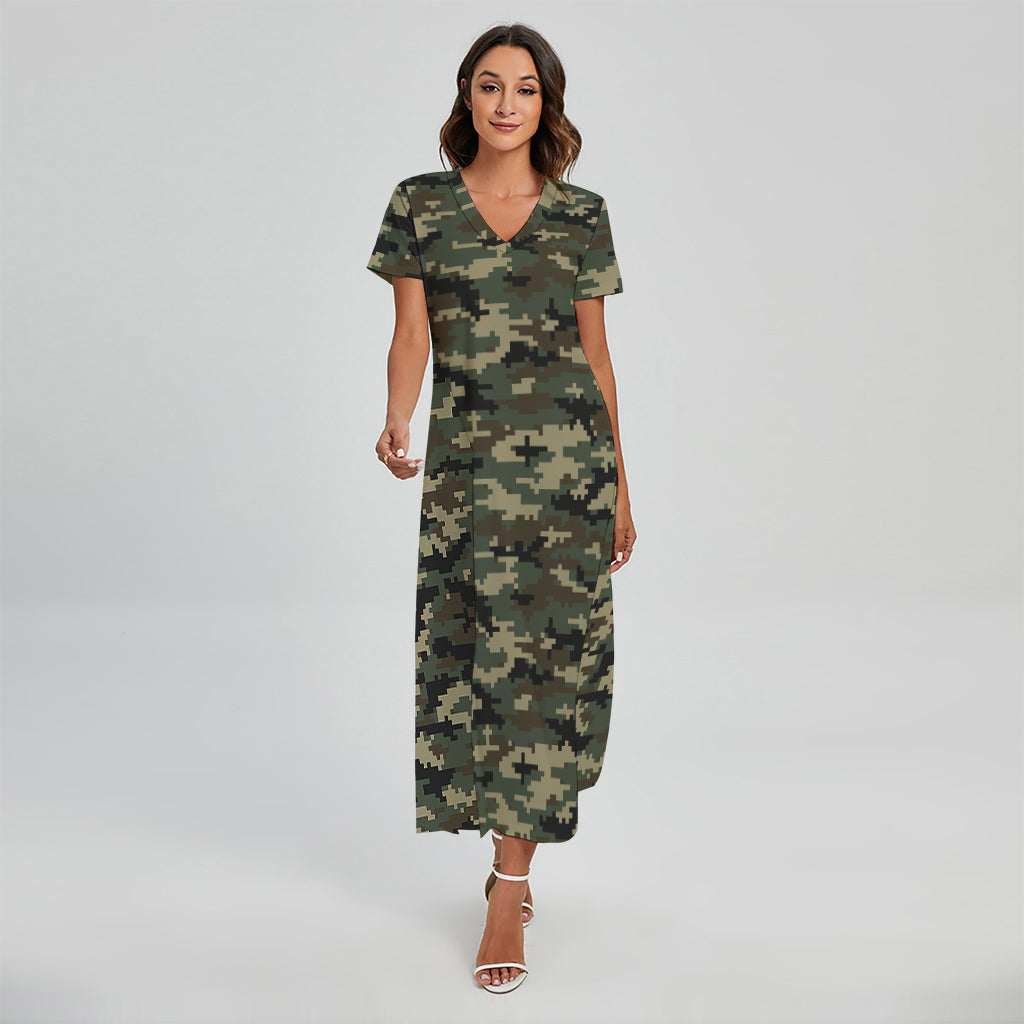Army Green Digital Camo Pattern Print Short Sleeve Maxi Dress