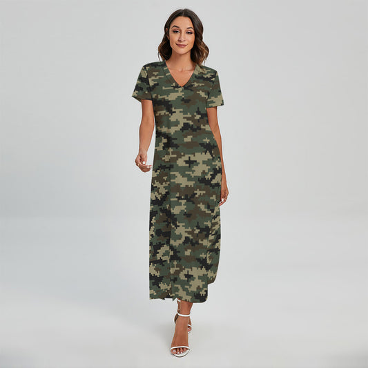 Army Green Digital Camo Pattern Print Short Sleeve Maxi Dress