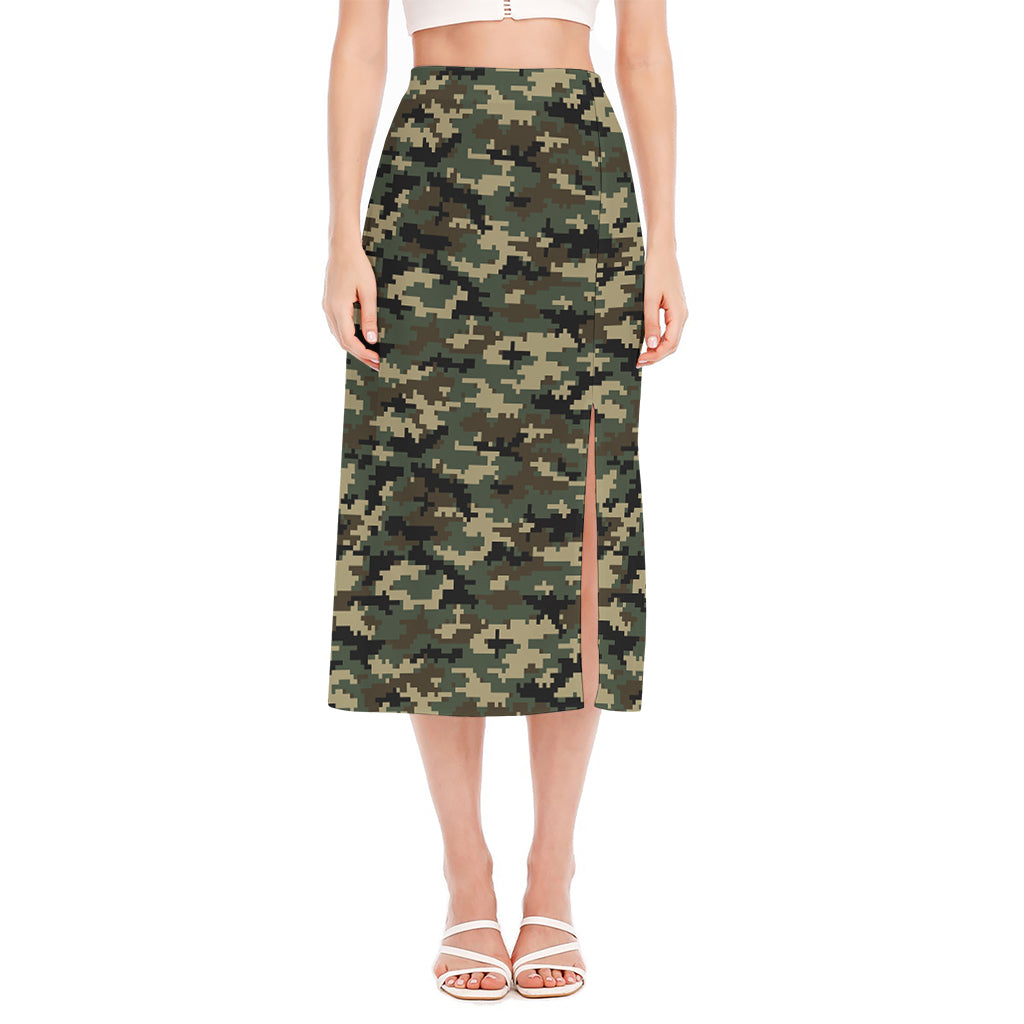 Army Green Digital Camo Pattern Print Side Slit Midi Skirt