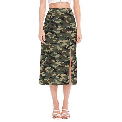 Army Green Digital Camo Pattern Print Side Slit Midi Skirt