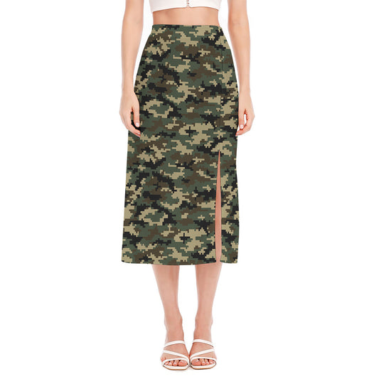 Army Green Digital Camo Pattern Print Side Slit Midi Skirt