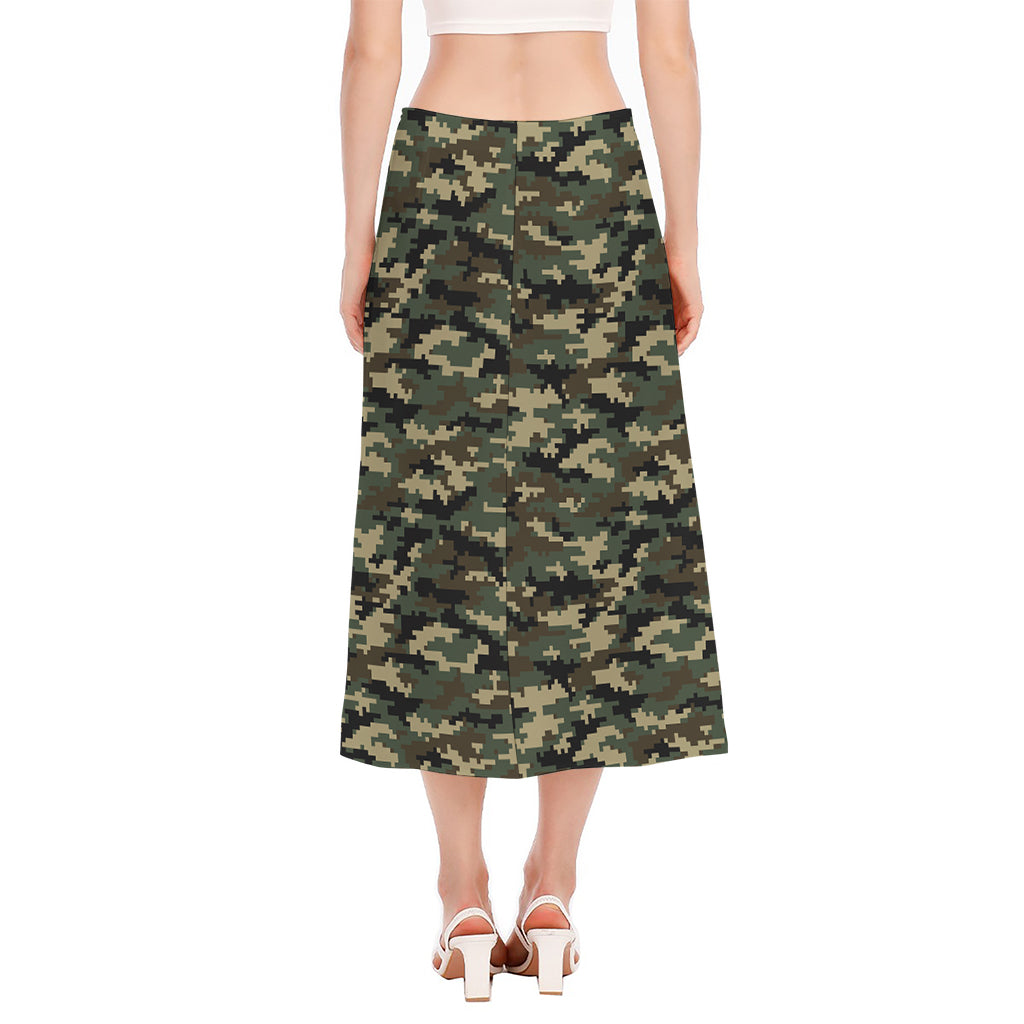 Army Green Digital Camo Pattern Print Side Slit Midi Skirt