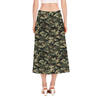 Army Green Digital Camo Pattern Print Side Slit Midi Skirt