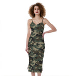 Army Green Digital Camo Pattern Print Slim Fit Midi Cami Dress