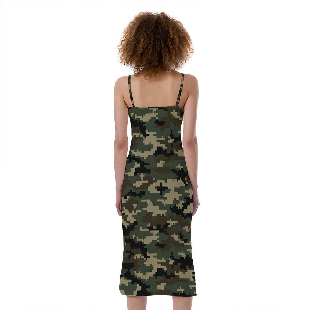 Army Green Digital Camo Pattern Print Slim Fit Midi Cami Dress