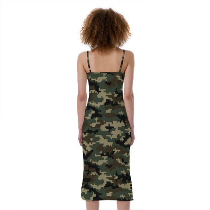 Army Green Digital Camo Pattern Print Slim Fit Midi Cami Dress