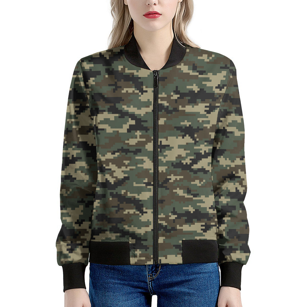 Army Green Digital Camo Pattern Print Women's Bomber Jacket