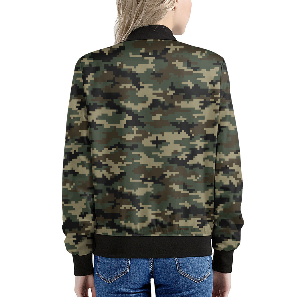 Army Green Digital Camo Pattern Print Women's Bomber Jacket