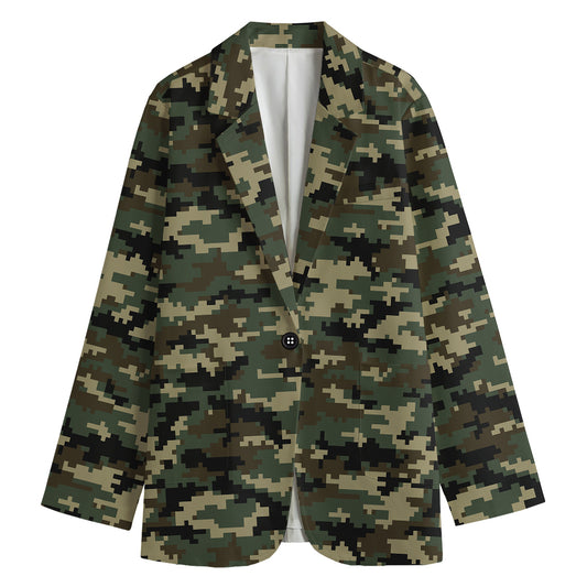 Army Green Digital Camo Pattern Print Women's Cotton Blazer