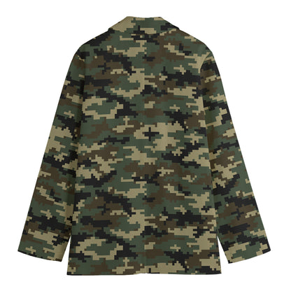 Army Green Digital Camo Pattern Print Women's Cotton Blazer