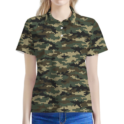 Army Green Digital Camo Pattern Print Women's Polo Shirt