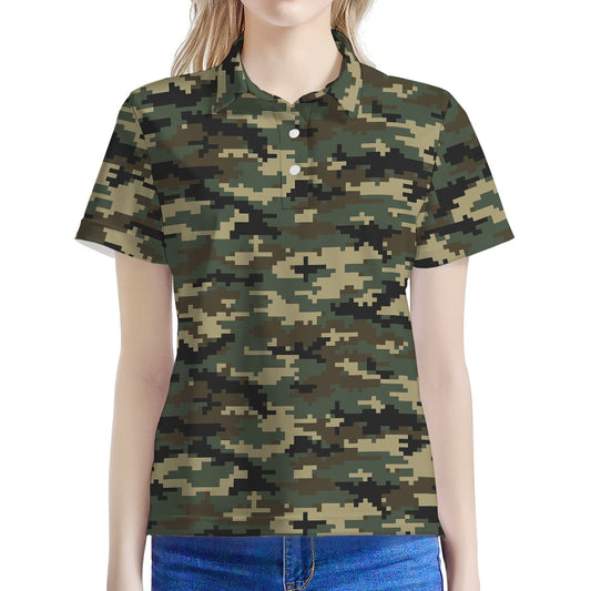 Army Green Digital Camo Pattern Print Women's Polo Shirt