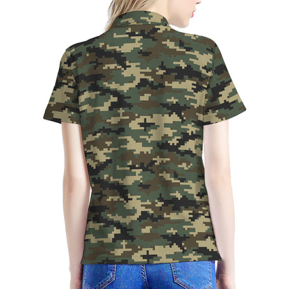 Army Green Digital Camo Pattern Print Women's Polo Shirt