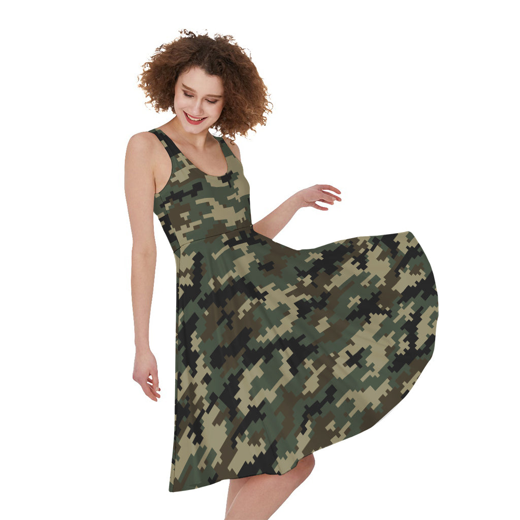 Army Green Digital Camo Pattern Print Women's Sleeveless Dress