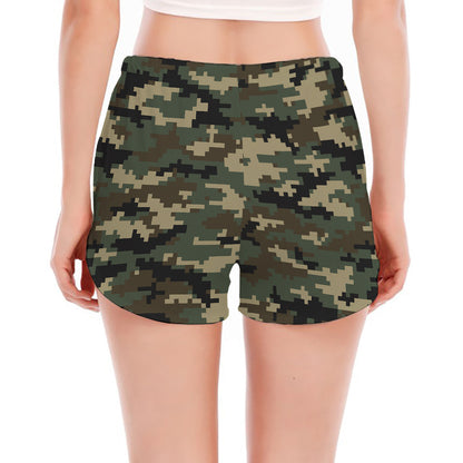 Army Green Digital Camo Pattern Print Women's Split Running Shorts
