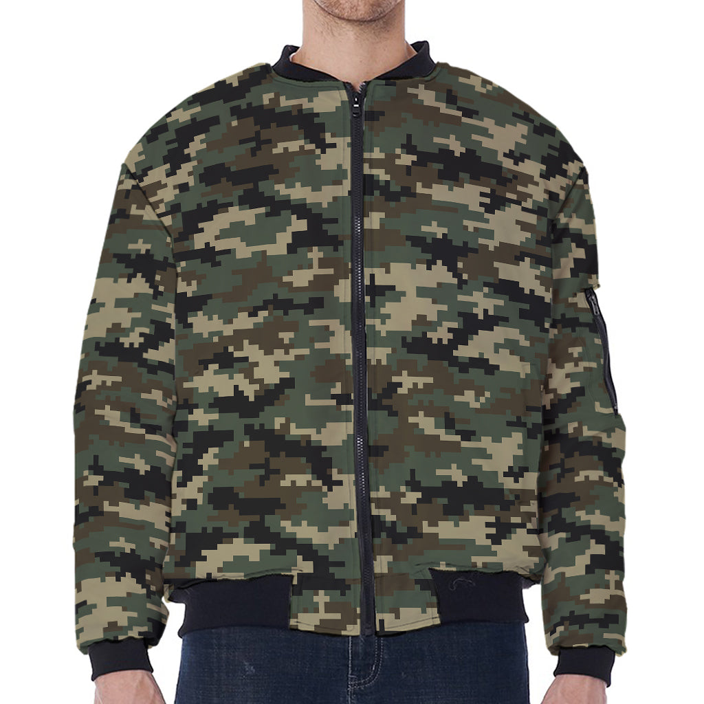 Army Green Digital Camo Pattern Print Zip Sleeve Bomber Jacket