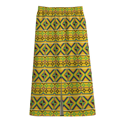 Asante Kente Pattern Print Cotton Front Slit Maxi Skirt