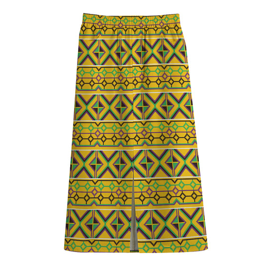 Asante Kente Pattern Print Cotton Front Slit Maxi Skirt
