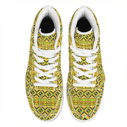 Asante Kente Pattern Print High Top Leather Sneakers