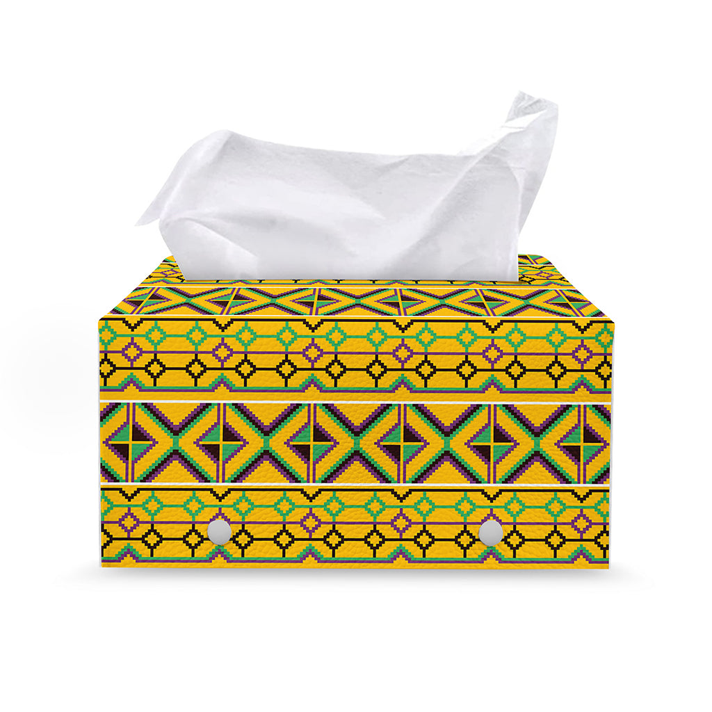 Asante Kente Pattern Print Leather Tissue Box Cover