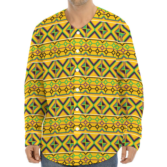 Asante Kente Pattern Print Long Sleeve Baseball Jersey