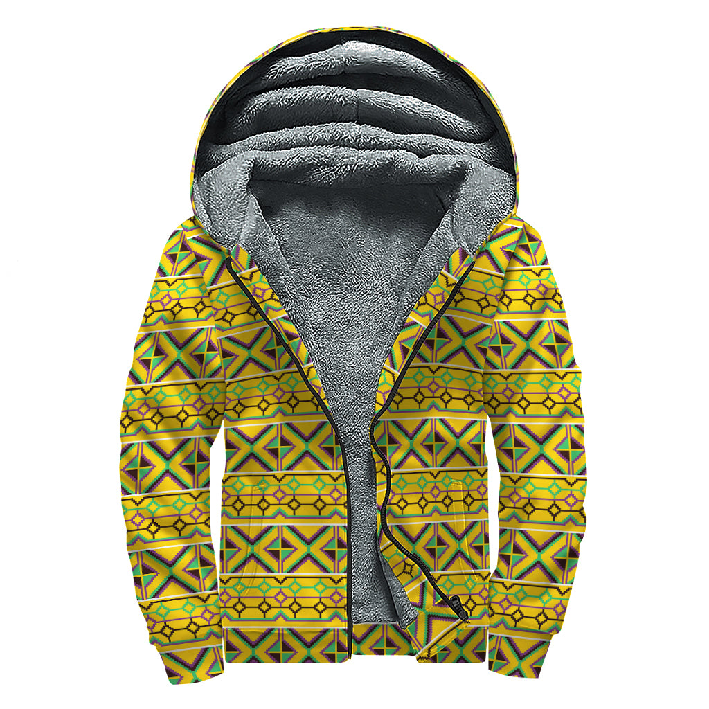Asante Kente Pattern Print Sherpa Lined Zip Up Hoodie