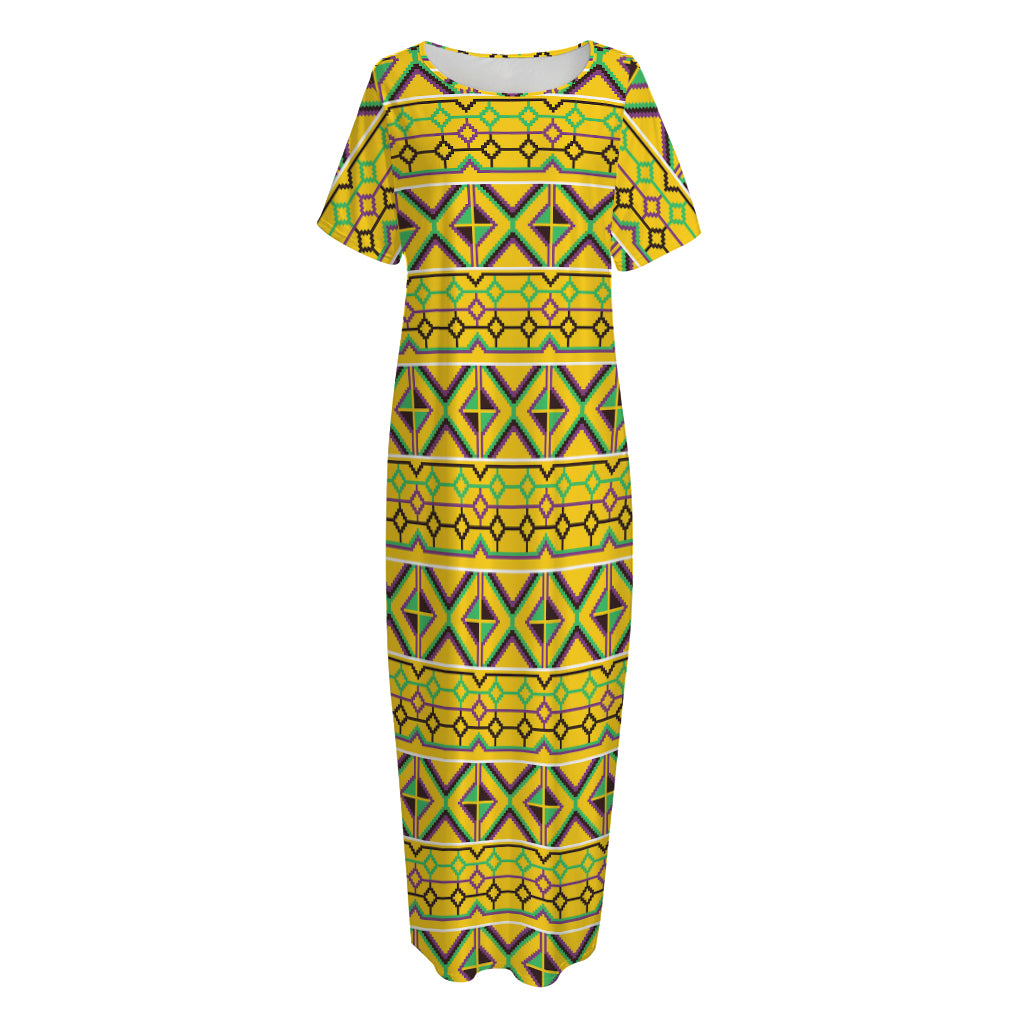 Asante Kente Pattern Print Short Sleeve Long Nightdress