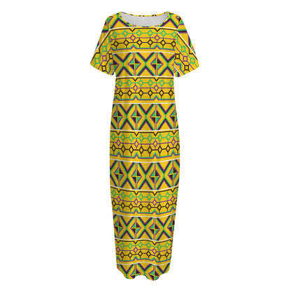 Asante Kente Pattern Print Short Sleeve Long Nightdress