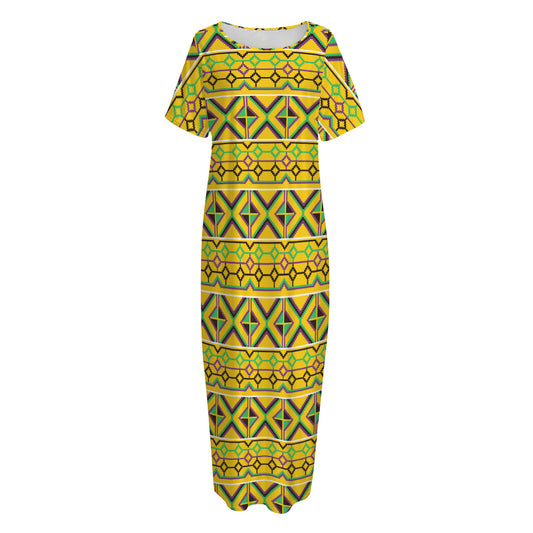 Asante Kente Pattern Print Short Sleeve Long Nightdress