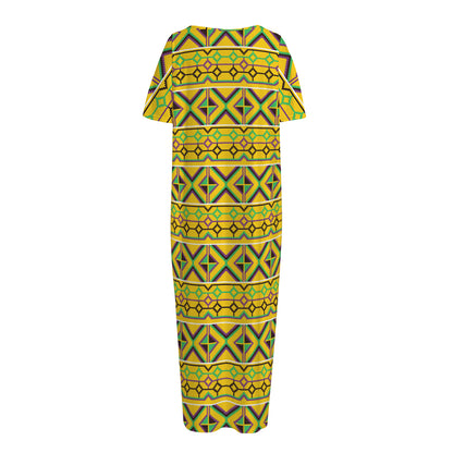 Asante Kente Pattern Print Short Sleeve Long Nightdress