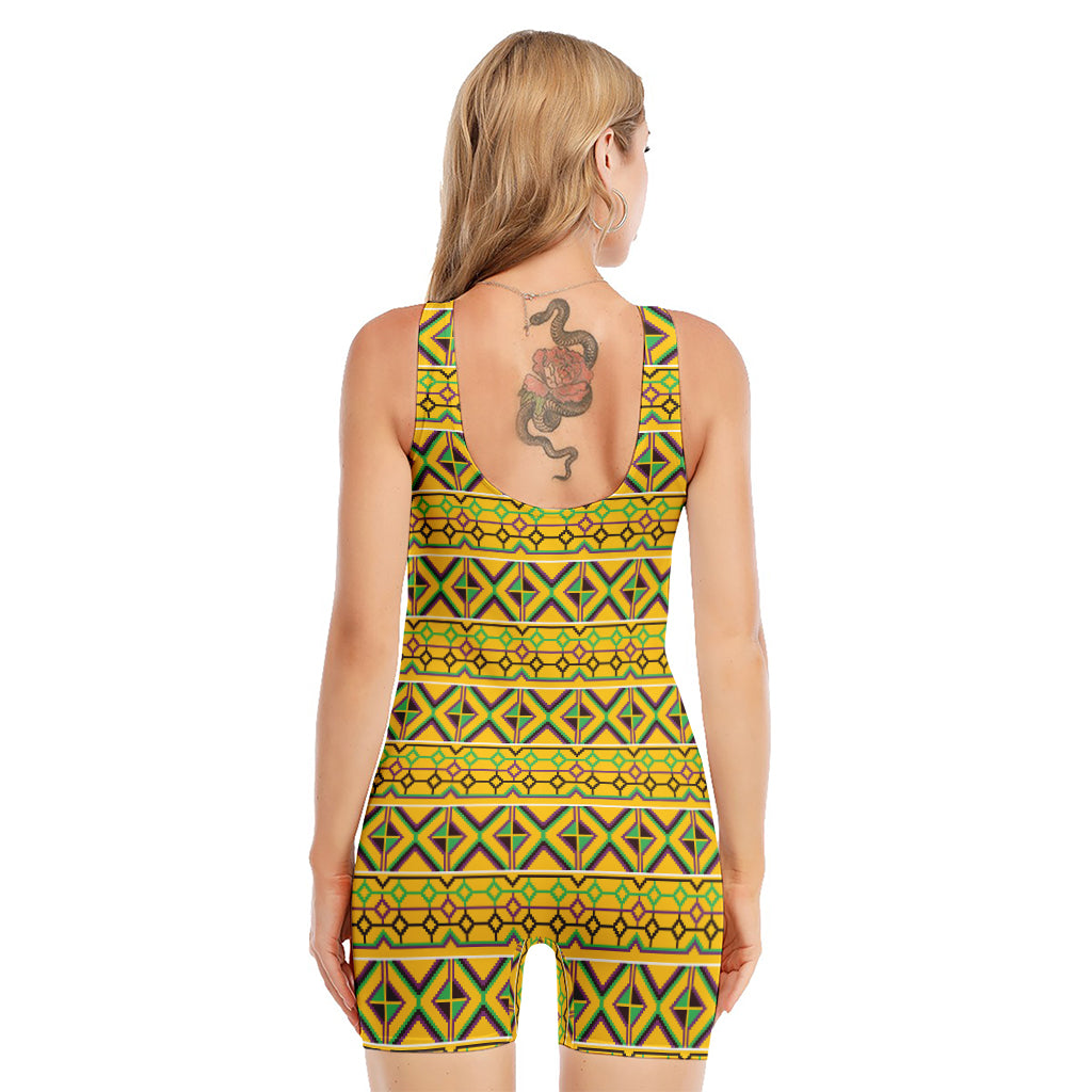 Asante Kente Pattern Print Sleeveless One Piece Swimsuit
