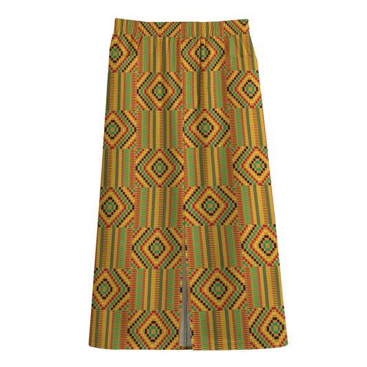 Ashanti Kente Pattern Print Cotton Front Slit Maxi Skirt