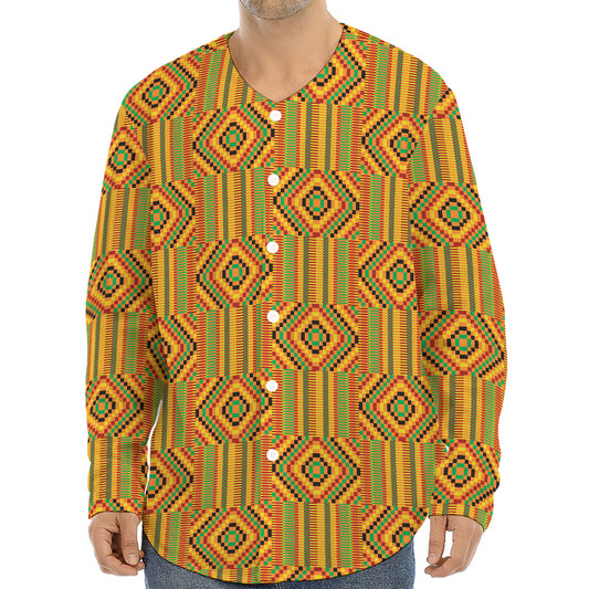 Ashanti Kente Pattern Print Long Sleeve Baseball Jersey
