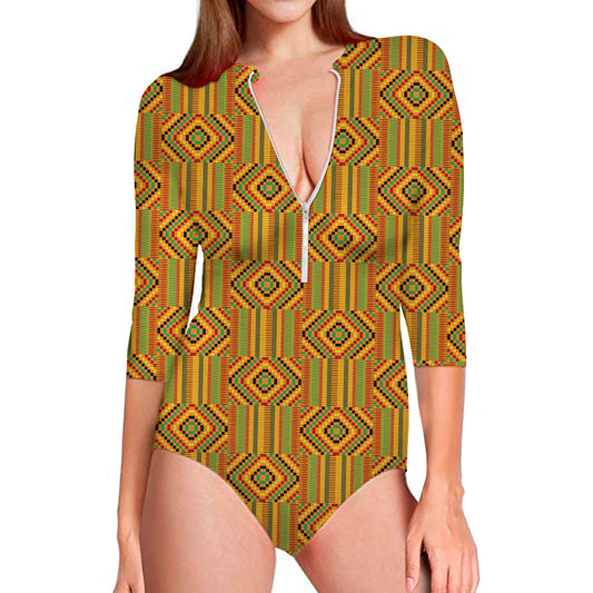 Ashanti Kente Pattern Print Long Sleeve Swimsuit